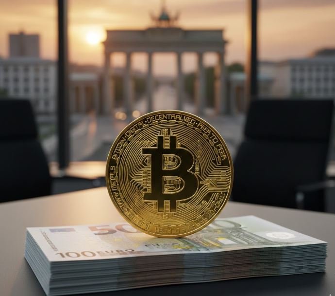 Eine glänzende goldene Bitcoin-Münze steht aufrecht auf einem dicken Stapel Euro-Geldscheinen. Das Motiv befindet sich auf einem modernen Bürotisch in Berlin; durch das Fenster im Hintergrund ist das Brandenburger Tor bei einem stimmungsvollen Sonnenuntergang zu sehen.