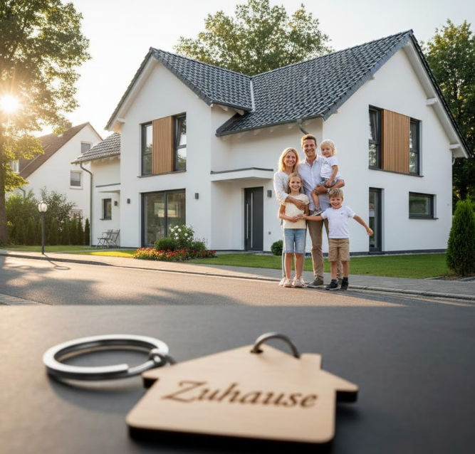 Glückliche Familie mit zwei Kindern vor einem modernen, weißen Einfamilienhaus in einer sonnigen deutschen Wohnsiedlung; im Vordergrund ein hölzerner Schlüsselanhänger in Hausform mit der Gravur „Zuhause“.