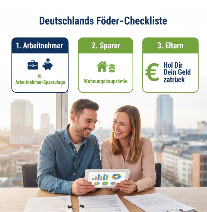 Ein glückliches Paar sitzt an einem Schreibtisch mit Dokumenten und einem Tablet, auf dem Finanzgrafiken zu sehen sind. Im Hintergrund ist eine deutsche Stadt-Silhouette erkennbar. Über dem Bild befindet sich eine Infografik mit dem Titel „Deutschlands Förder-Checkliste“, unterteilt in die Kategorien Arbeitnehmer (VL, Sparzulage), Sparer (Wohnungsbauprämie) und Eltern (Zulagen).