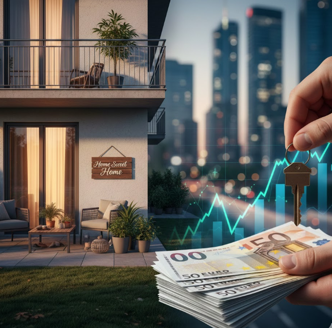 Ein geteiltes Bildkonzept zum Thema Immobilien: Links ein gemütliches deutsches Eigenheim mit beleuchteter Terrasse und „Home Sweet Home“-Schild, rechts eine Hand mit Euro-Geldscheinen, Immobilienschlüssel und einer ansteigenden Profit-Kurve vor einer Frankfurter Skyline.