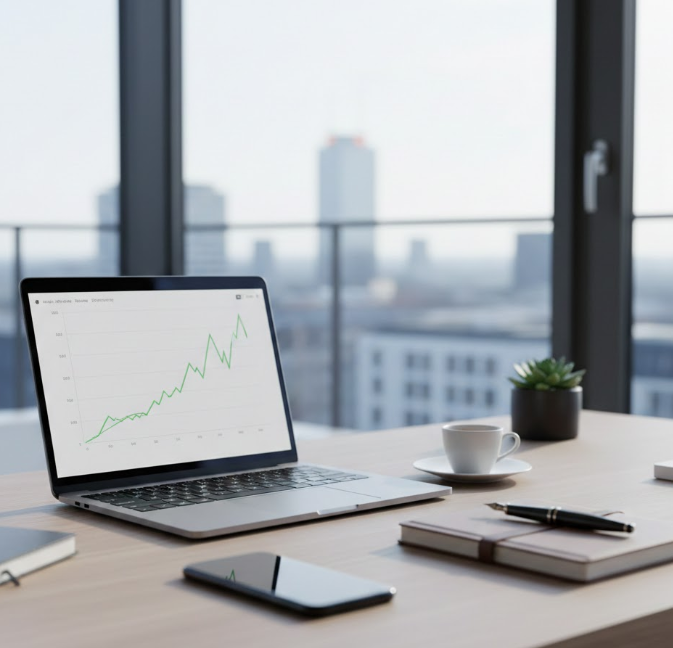 Minimalistisches Büro-Setting ohne Ablenkung, das für Transparenz und ehrliche Finanzberatung steht – weg von riskanten Hypes, hin zu fundiertem Vermögensmanagement.