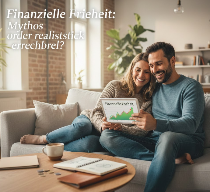 Ein lächelndes junges Paar sitzt entspannt auf einem Sofa in einem hellen, modern eingerichteten Wohnzimmer und betrachtet gemeinsam ein Tablet, das einen ansteigenden Finanzgraph zeigt. Im Vordergrund steht ein Couchtisch mit Kaffeetasse und Notizbuch. Der Text im Bild fragt: „Finanzielle Freiheit: Mythos oder realistisch erreichbar?“
