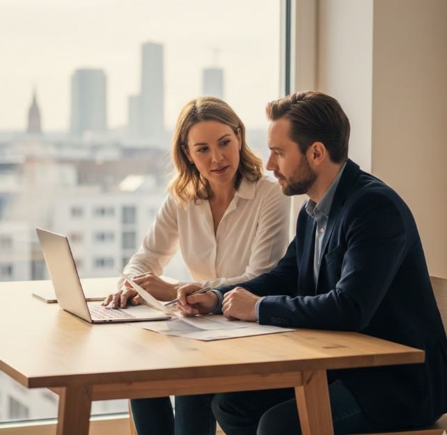 "Nahaufnahme eines Schreibtischs mit einem Taschenrechner und einem deutschen Kreditvertrag. Eine Person analysiert im Hintergrund Finanzdaten auf einem Tablet – Symbolbild für kluge Kreditentscheidungen und Zinsvergleich in Deutschland."
