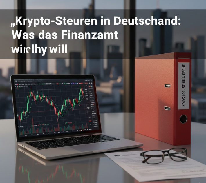 Ein professioneller Schreibtisch in einem Frankfurter Büro mit Blick auf die Skyline. Auf dem Glastisch stehen ein Laptop mit Krypto-Charts, eine Brille und ein roter Aktenordner mit der Aufschrift „Krypto – Steuern & Recht“. Über dem Bild liegt der Text: „Krypto-Steuern in Deutschland: Was das Finanzamt wirklich will“.