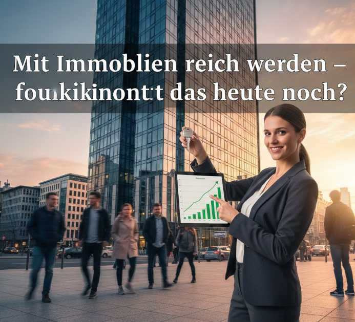 Eine erfolgreiche deutsche Immobilien-Investorin steht lächelnd vor einem modernen Bürohochhaus in Frankfurt bei Sonnenuntergang. Sie hält einen Hausschlüssel hoch und zeigt auf einem Tablet eine steil ansteigende Grafik für Vermögenswachstum. Der Text im Bild fragt: „Mit Immobilien reich werden – funktioniert das heute noch?“