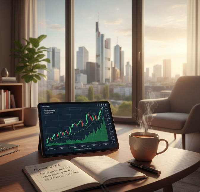 Ein helles, modernes Wohnzimmer mit Blick durch ein großes Fenster auf die Skyline von Frankfurt am Main bei Sonnenaufgang. Auf einem Holztisch im Vordergrund steht ein Tablet, das einen grünen, steigenden Aktienchart anzeigt. Daneben liegt ein aufgeschlagenes Notizbuch mit der Überschrift „Meine Ziele“ und handgeschriebenen Punkten wie „Frührente“ und „Weltreise“, flankiert von einer dampfenden Tasse Kaffee und einem edlen Füllfederhalter.