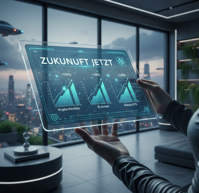 Eine futuristische Darstellung der digitalen Vermögensverwaltung: Eine Person hält ein transparentes, leuchtendes Hologramm-Tablet in einem modernen Penthouse-Büro bei Dämmerung. Auf dem Display sind ansteigende Finanz-Charts mit den Beschriftungen "ZUKUNFT JETZT", "Krypto-Portfolio", "KI-Aktien" und "Globale ETFs" zu sehen. Im Hintergrund erstreckt sich eine beleuchtete Skyline mit fliegenden Fahrzeugen, was eine hochmoderne, erfolgreiche Investment-Zukunft symbolisiert.