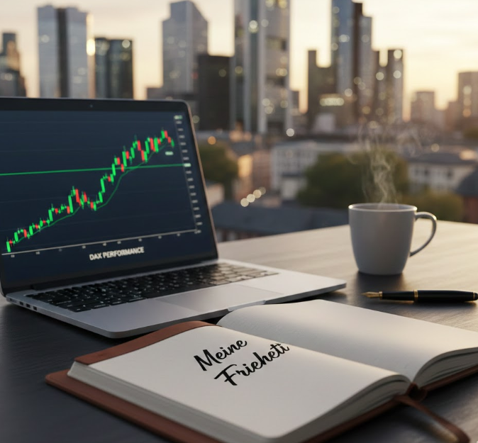 Ein moderner Schreibtisch in einem Frankfurter Hochhaus bei Sonnenuntergang mit einem Laptop, der einen steigenden DAX-Aktienchart zeigt, einer Tasse Kaffee und einem Notizbuch mit der Aufschrift „Meine Freiheit“.