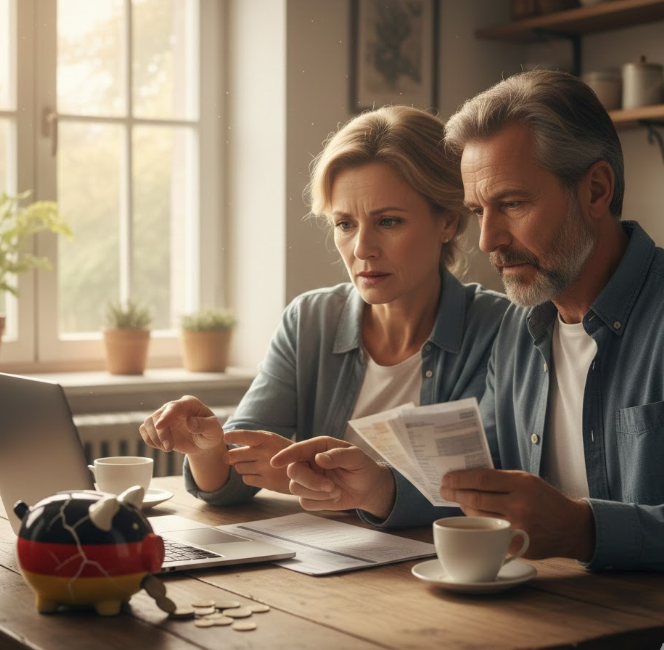 Ein besorgtes deutsches Ehepaar mittleren Alters sitzt am Küchentisch und prüft Rechnungen und Finanzen am Laptop; im Vordergrund steht ein zerbrochenes Sparschwein in den deutschen Nationalfarben, das den Wertverlust durch Inflation symbolisiert.