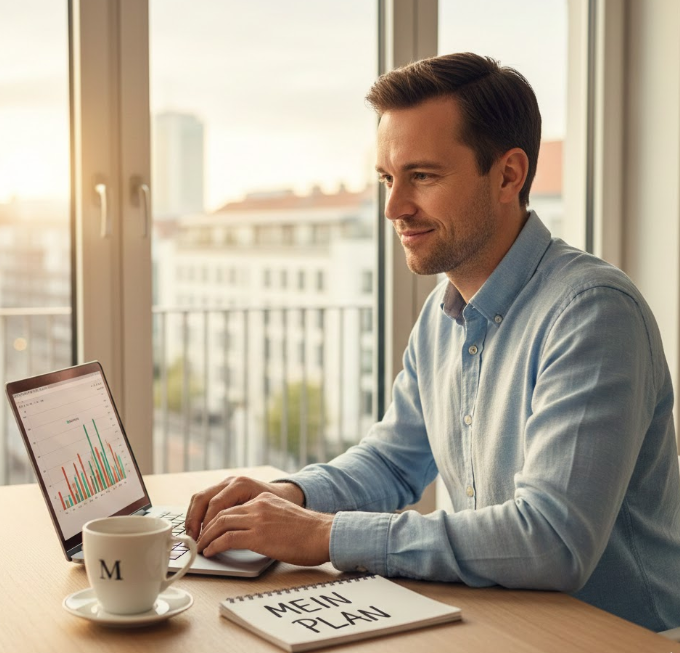 Ein lächelnder Mann in einem hellblauen Hemd sitzt in einem lichtdurchfluteten Büro am Laptop und plant seine Finanzen. Auf dem Tisch steht eine Kaffeetasse und ein Notizblock mit der Aufschrift „MEIN PLAN“, im Hintergrund ist die Frankfurter Skyline erkennbar.