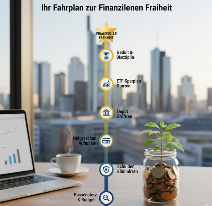 „Ein moderner Schreibtisch in Deutschland bei Sonnenaufgang, auf dem ein Smartphone mit einem steigenden Aktienchart und ein Portemonnaie liegen – Symbol für den Beginn des Vermögensaufbaus und finanzielle Klarheit.“