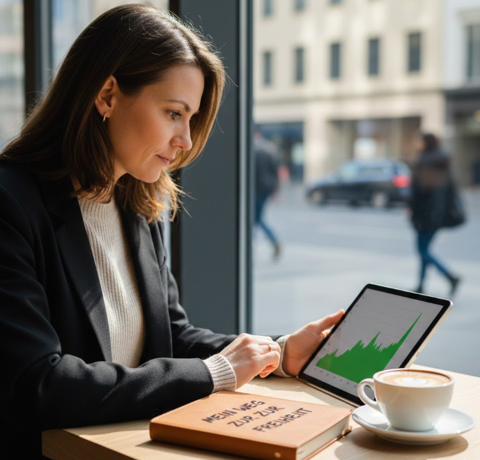 Eine junge Geschäftsfrau sitzt in einem hellen Café in Deutschland und blickt konzentriert auf ein Tablet, das eine steil ansteigende Finanzgrafik zeigt. Vor ihr liegt ein Notizbuch mit der Aufschrift „Mein Weg zur Freiheit“ und eine Tasse Cappuccino. Das Bild symbolisiert erfolgreichen Vermögensaufbau und finanzielle Unabhängigkeit durch kluge Investitionen.