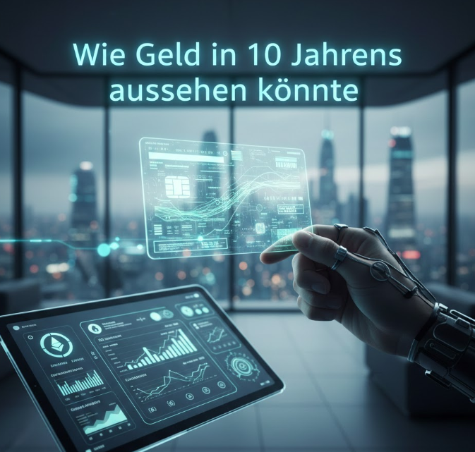 Eine futuristische Darstellung digitaler Finanzen: Eine Person hält eine transparente, leuchtende Hologramm-Karte über einem Tablet mit komplexen Börsen-Charts. Im Hintergrund ist die nächtliche Skyline einer modernen Metropole zu sehen, darüber der deutsche Text „Wie Geld in 10 Jahren aussehen könnte“.
