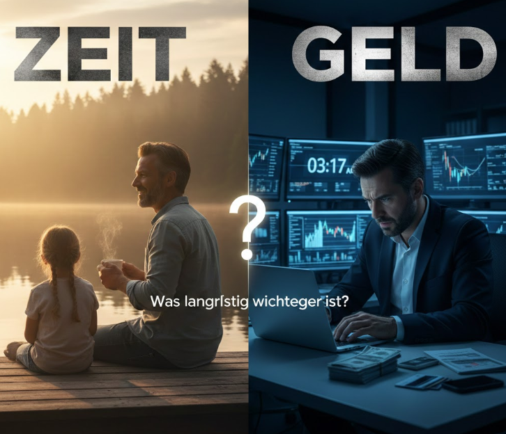 Ein geteiltes Bild zum Thema Finanzielle Freiheit: Links ein entspannter Vater, der bei Sonnenaufgang an einem See Zeit mit seiner Tochter genießt (Symbol für Zeit), rechts ein gestresster Geschäftsmann nachts im dunklen Büro vor Börsenmonitoren (Symbol für Geld). In der Mitte steht der deutsche Text: „ZEIT oder GELD? Was langfristig wichtiger ist?“