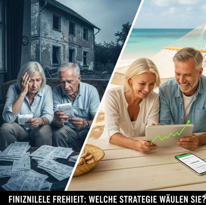 "Infografik zum Vergleich zwischen Hauskauf und ETF-Sparplan für den Vermögensaufbau in Deutschland. Die linke Seite zeigt die Kostenfalle Eigenheim mit Ausgaben für Zinsen, Instandhaltung und Grundsteuer. Die rechte Seite illustriert die Vorteile eines ETF-Sparplans mit Zinseszinseffekt, Dividenden und hoher Liquidität für die finanzielle Freiheit."