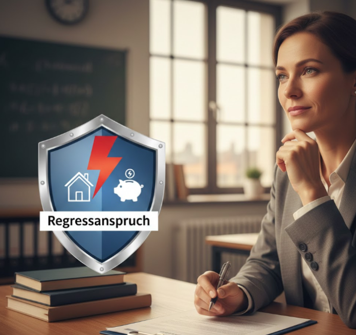 Eine nachdenkliche Beamtin am Schreibtisch mit Dokumenten in einem hellen Büro. Im Vordergrund ein illustrierter Schutzschild mit einem Haus- und Sparschwein-Symbol, das einen Blitz abwehrt, beschriftet mit dem Wort „Regressanspruch“.