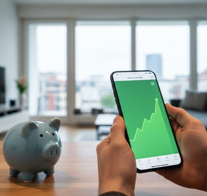 Eine Person hält ein Smartphone in einem modernen deutschen Wohnzimmer, auf dem eine Banking-App mit einem stark ansteigenden grünen Kursgraph (Wachstum) zu sehen ist. Im unscharfen Vordergrund steht ein klassisches blaues Sparschwein auf einem Holztisch, was den Übergang vom traditionellen Sparen zum modernen Investieren symbolisiert.