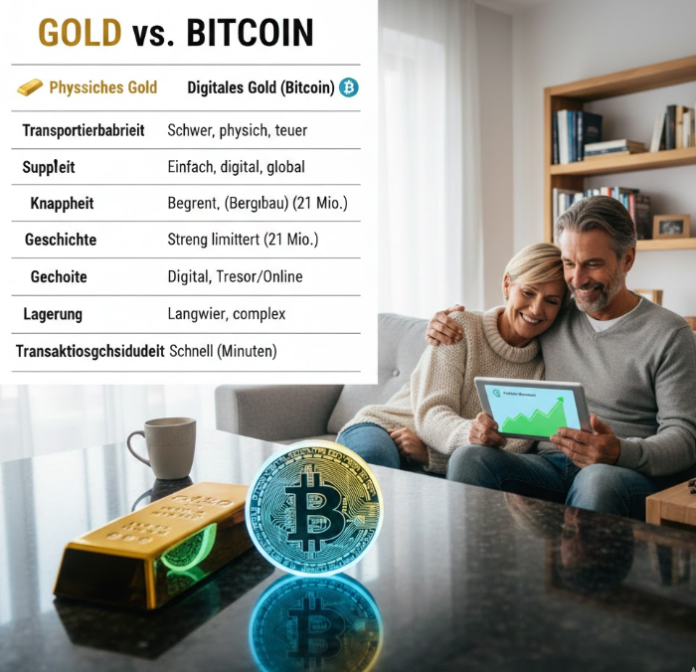 Ein Vergleich zwischen Gold und Bitcoin: Im Vordergrund liegt ein glänzender Goldbarren neben einer leuchtenden, blauen Bitcoin-Münze auf einem dunklen Marmortisch. Im Hintergrund sitzt ein lächelndes Paar auf einem Sofa und betrachtet optimistisch ein Tablet mit einem steigenden Kurschart. Oben im Bild ist eine Infografik-Tabelle zu sehen, die die Eigenschaften von physischem Gold und digitalem Gold (Bitcoin) gegenüberstellt.