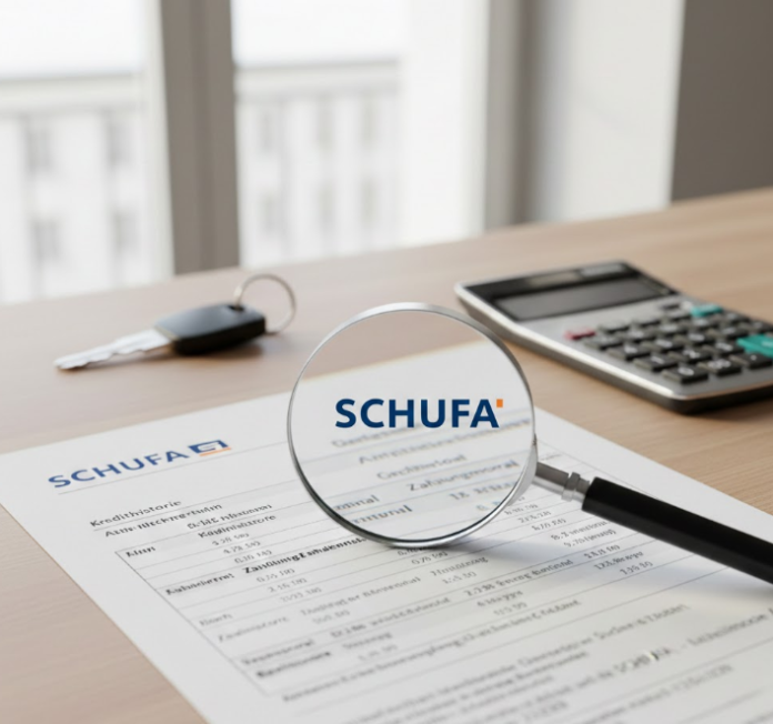 Eine Lupe vergrößert das Wort SCHUFA auf einem Finanzdokument, flankiert von einem Schlüsselbund und Rechner.