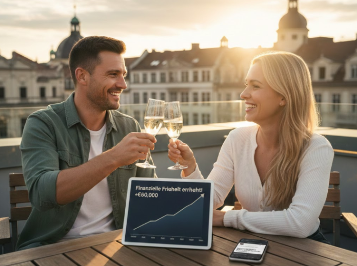 Ein glückliches junges Paar stößt auf einer sonnigen Dachterrasse in einer deutschen Stadt mit Sektgläsern an. Vor ihnen auf dem Tisch steht ein Tablet, das eine steile Wachstumskurve und den Text „Finanzielle Freiheit erreicht! +60.000 €“ zeigt, als Symbol für erfolgreiches Sparen und Investieren durch optimierte Versicherungen.