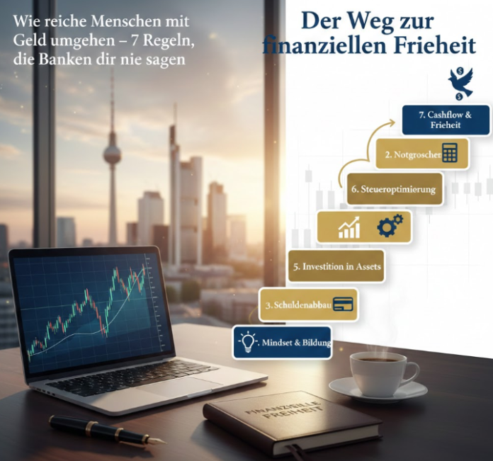 Ein moderner Schreibtisch in einem Berliner Büro mit Blick auf den Fernsehturm. Auf dem Laptop ist ein steigender Aktienchart zu sehen. Rechts daneben eine Infografik „Der Weg zur finanziellen Freiheit“ mit 7 Schritten für erfolgreichen Vermögensaufbau in Deutschland.