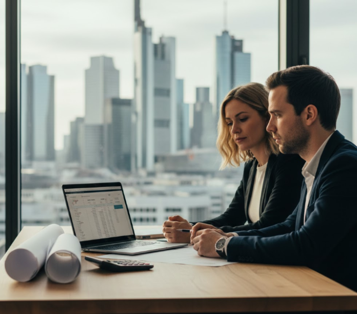 „Ein modernes Einfamilienhaus bei Sonnenuntergang neben gestapelten Goldmünzen und einem Taschenrechner auf einem rustikalen Holztisch. Symbolbild für die Finanzkalkulation zwischen Immobilienkauf und Vermögensaufbau in Deutschland.“