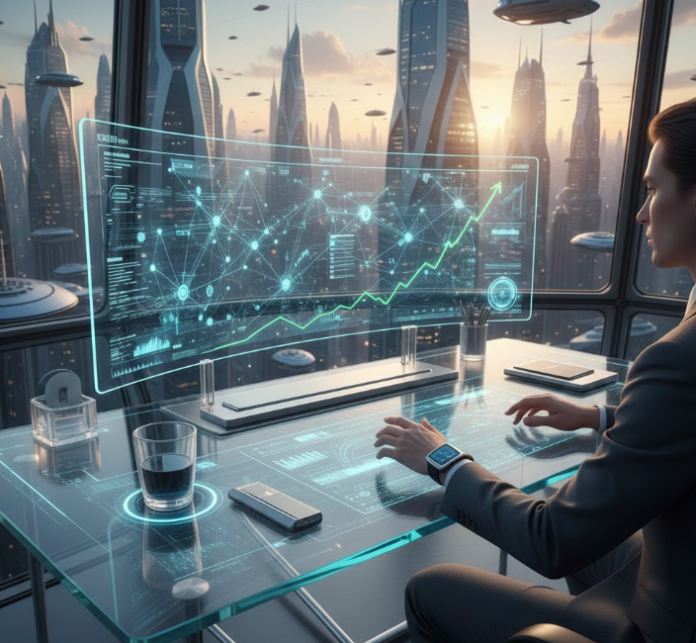 Eine futuristische Darstellung der Finanzwelt: Ein Investor sitzt an einem gläsernen Schreibtisch in einem Hochhaus über einer Science-Fiction-Skyline. Vor ihm schwebt ein holografisches Display, das eine steil ansteigende Aktiengrafik und ein vernetztes Daten-Netzwerk zeigt. Die Szene symbolisiert modernes Investment, künstliche Intelligenz in der Finanzanalyse und langfristiges Wachstum im digitalen Zeitalter.