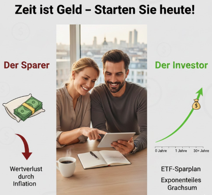 Infografik zum Thema Altersvorsorge in Deutschland: Ein lächelndes Paar analysiert Finanzen auf einem Tablet. Links wird der „Sparer“ mit Geld unter einem Kissen und Wertverlust durch Inflation dargestellt. Rechts zeigt eine grüne Kurve den „Investor“ mit einem ETF-Sparplan und exponentiellem Wachstum über 30 Jahre. Slogan: „Zeit ist Geld – Starten Sie heute!“